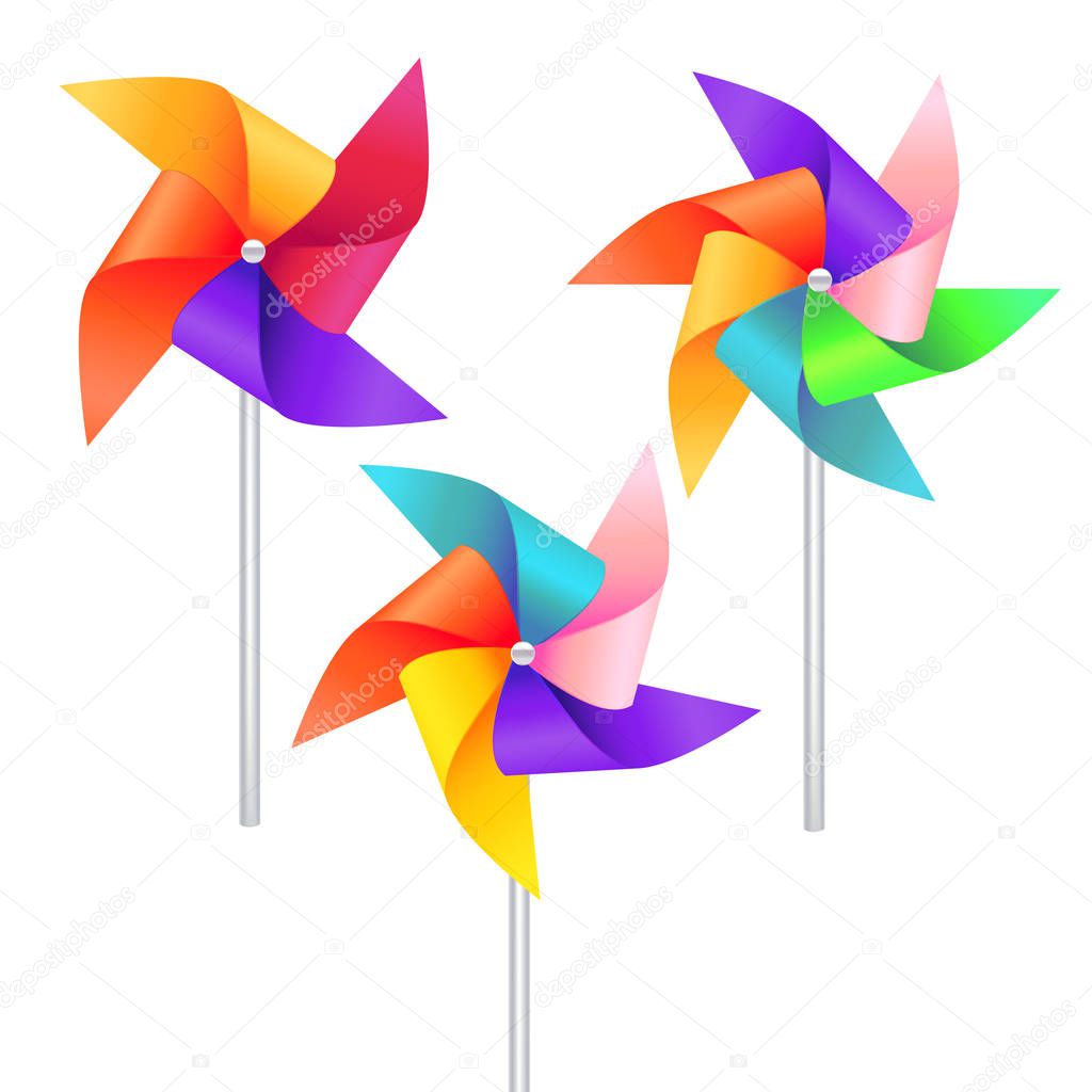 Realistic Detailed 3d Wind Mill Toy Set. Vector