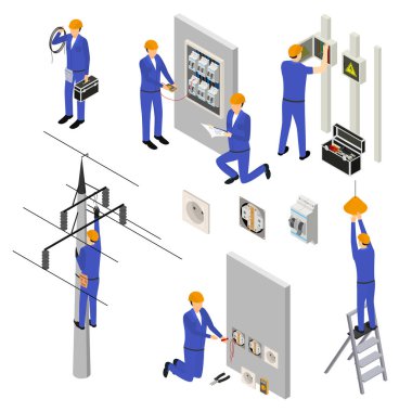 Tek tip 3d simge karakter elektrikçi izometrik görünümü ayarlayın. Vektör