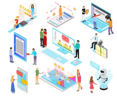 İnsanlar ve App arabirimleri kavramı 3d izometrik görünümü. Vektör