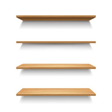 Gerçekçi 3d Ayrıntılı Ahşap Raflar Ayarlandı. Vektör