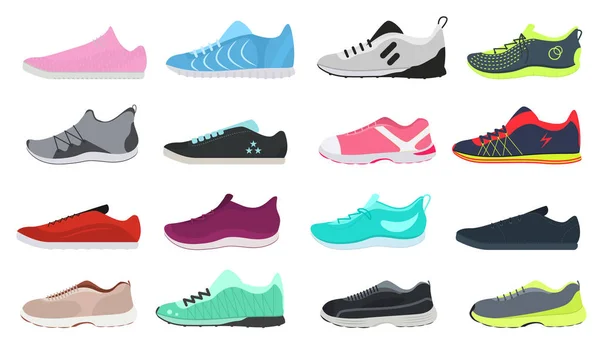 Cartoon Kleur Verschillende Sneakers Schoenen Set Mode Schoeisel Voor Sport — Stockvector