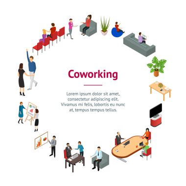 Coworking kişiler ve donatım 3d afiş kartı daire izometrik görünümü. Vektör