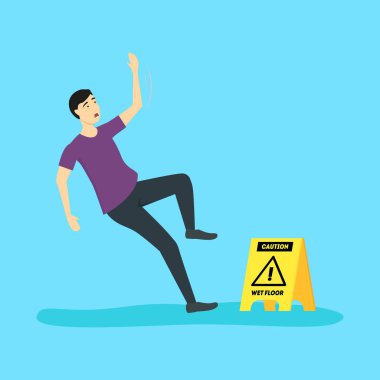 Çizgi film dikkatli ıslak zemin karakter adam vektör ile