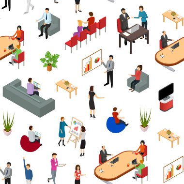 Kişiler veya donanımlar 3d Dikişsiz desen arka plan izometrik görüş coworking. Vektör