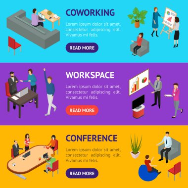 Coworking kişiler ve donatım 3d afiş yatay ayarlama izometrik görünümü. Vektör
