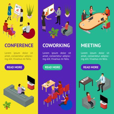 Kişiler veya donanımlar 3d afiş Vecrtical coworking izometrik görünümü ayarlayın. Vektör