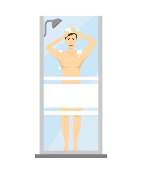 Zeichentrickfigur Mann wäscht sich unter der Dusche. Vektor — Stockvektor
