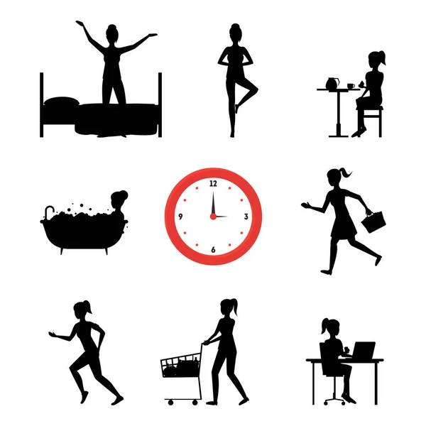 Desenhos animados Silhouette Black Daily Routine Character Woman. Vetor — Vetor de Stock