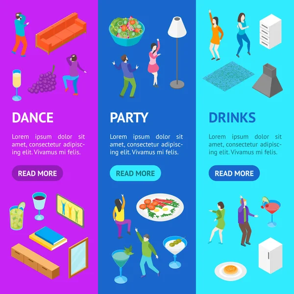 Home Party Concept with Furniture and People Banner Vecrtical Set Isometric View (em inglês). Vetor — Vetor de Stock