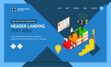 Kazanan iş başarı kavramı açılış Web sayfası şablonu 3d izometrik görünümünde başarı liderlik, kazanmak, büyüme ve ödül içerir. Vektör çizim