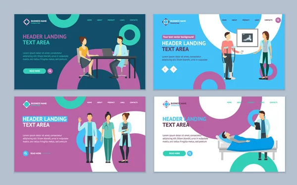 Cartoon Doctors and Patients Landing Web Page Template Set (en inglés). Vector — Vector de stock