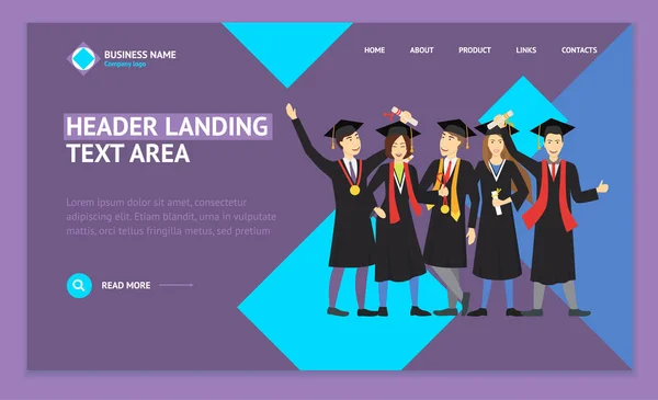 Desenhos animados Graduação de estudantes felizes Landing Web Page Template. Vetor — Vetor de Stock