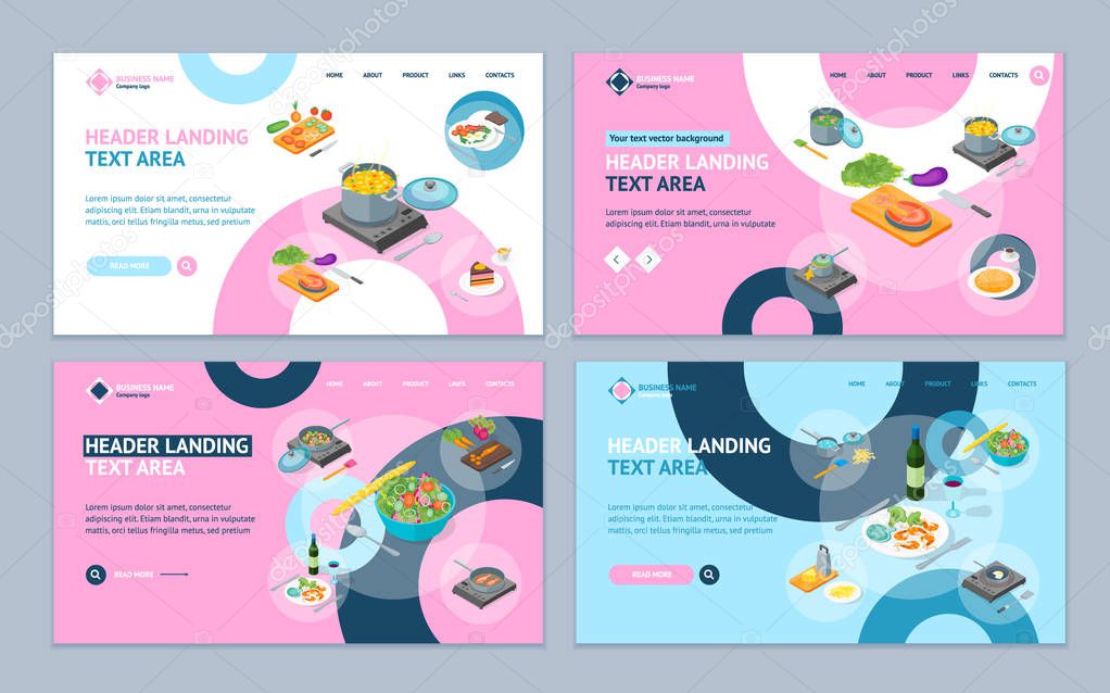 Cooking or Preparation Food Landing Web Page Template Set Isometric View. Vector