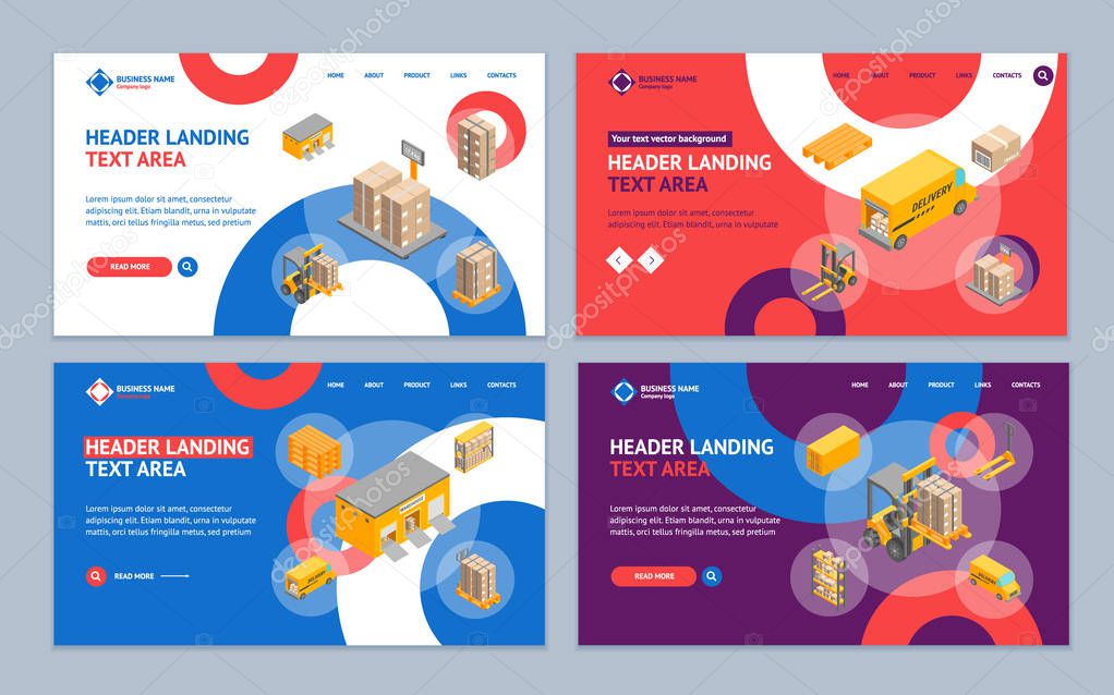 Logistic Delivery Service Landing Web Page Template Set Isometric View. Vector