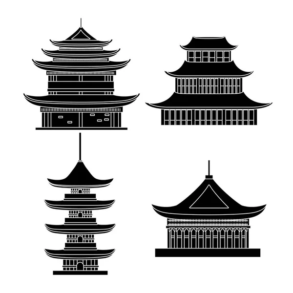 Dibujos animados silueta negro tradicional asiática casa objetos conjunto. Vector — Vector de stock