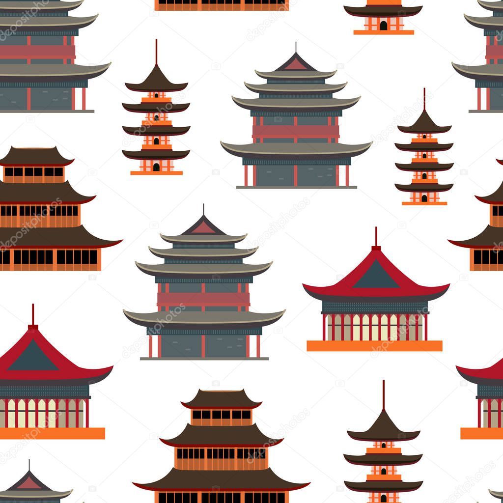 Cartoon Traditional Asian House Seamless Pattern Background. Vector