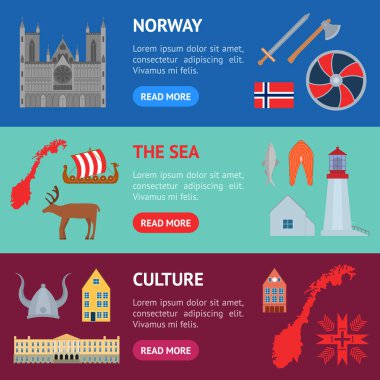 Çizgi Film Norveç seyahat ve Turizm afiş yatay küme. Vektör