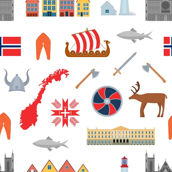 Cartoon Norwegian Travel and Tourism Seamless Pattern Background. Vector — Stock Vector