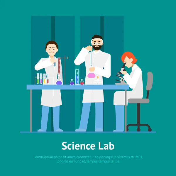 Cartoon Scientists Working at Lab Concept Card (en inglés). Vector — Vector de stock