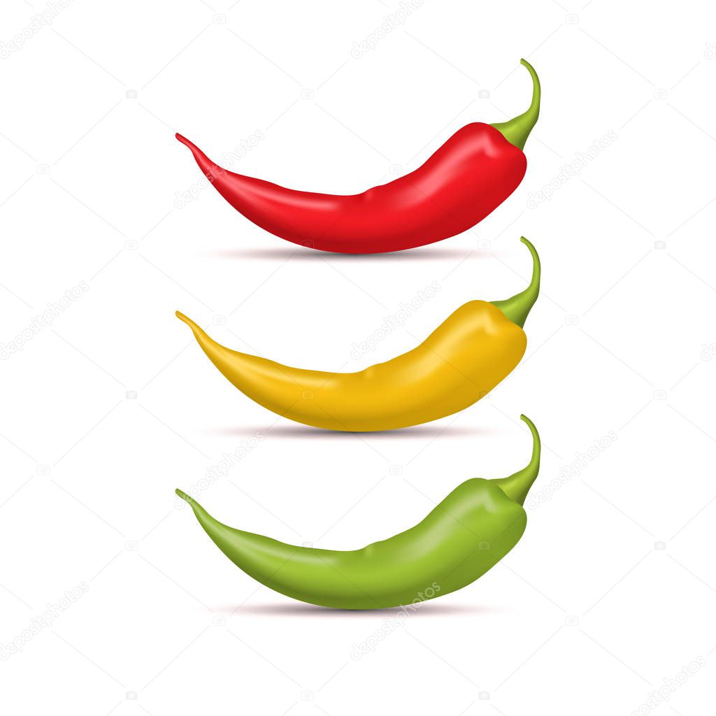 Realistic Detailed 3d Whole Hot Chili Pepper Set. Vector