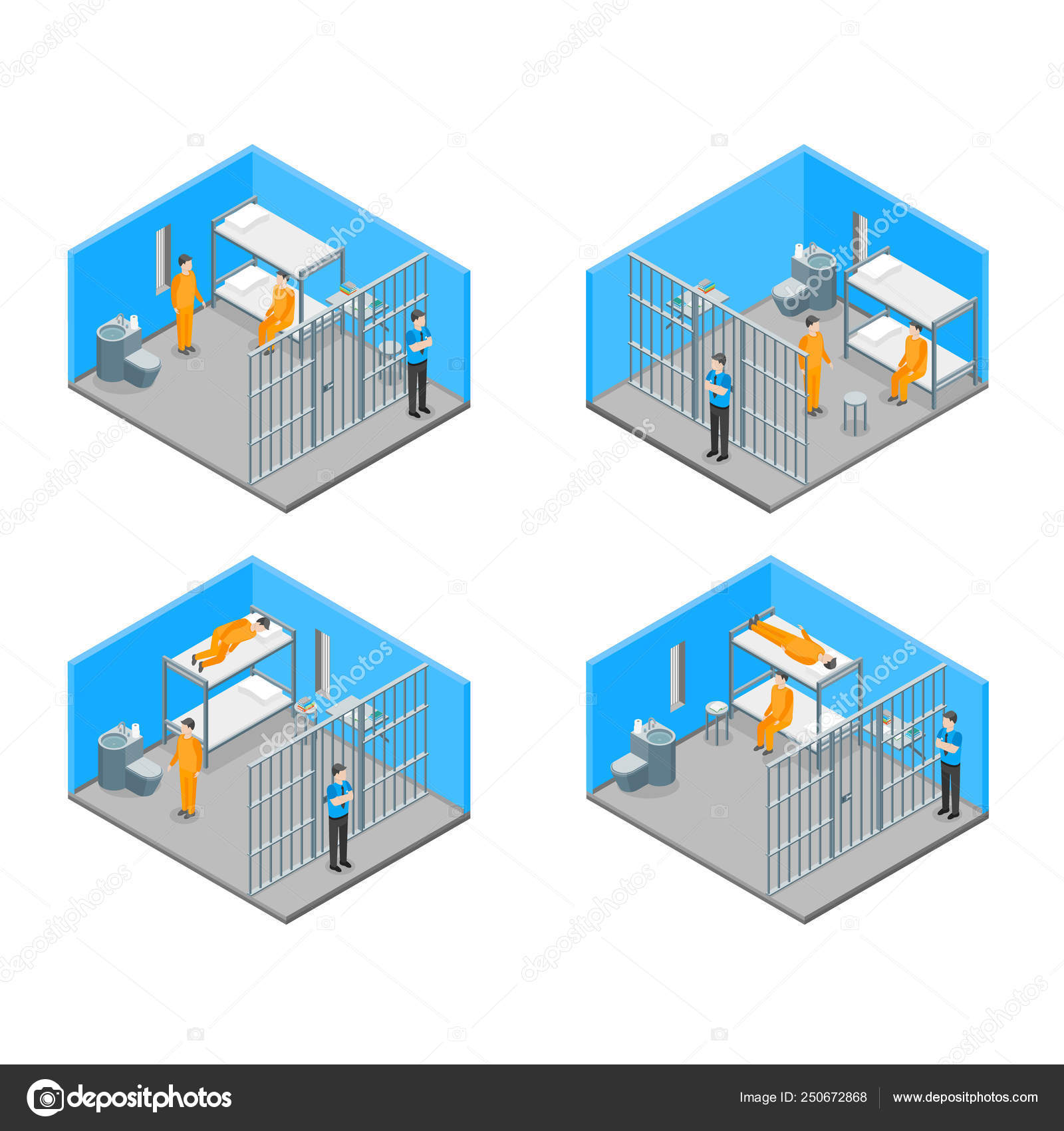 Modern Prison Interior With Furniture And People Isometric View