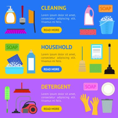 Çizgi film ev temizlik afiş yatay seti. Vektör