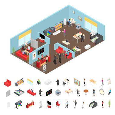 Medya yaratıcıları ajansı iç mobilya ve insanlar öğeleri izometrik manzaralı. Vektör