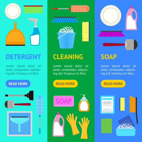 Γελοιογραφία οικιακή καθαριότητα Banner Vecrtical σύνολο. Διάνυσμα — Διανυσματικό Αρχείο