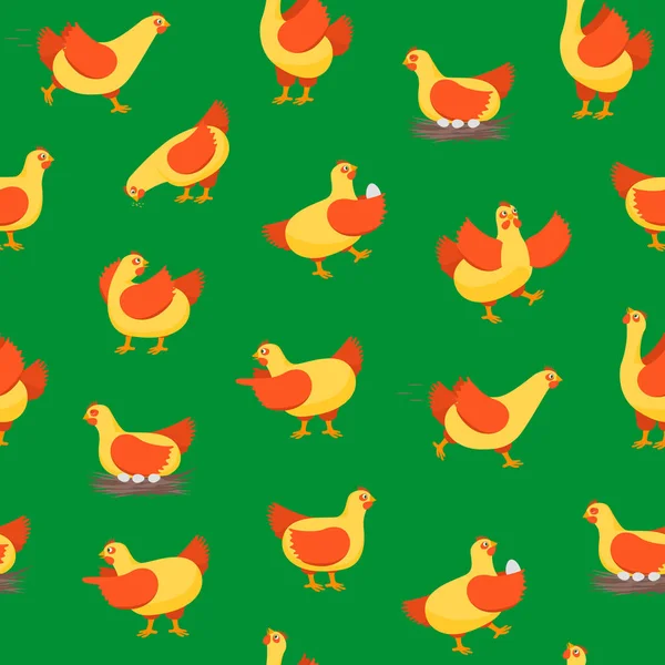 Personagens de desenhos animados feliz galinhas sem costura padrão de fundo. Vetor —  Vetores de Stock