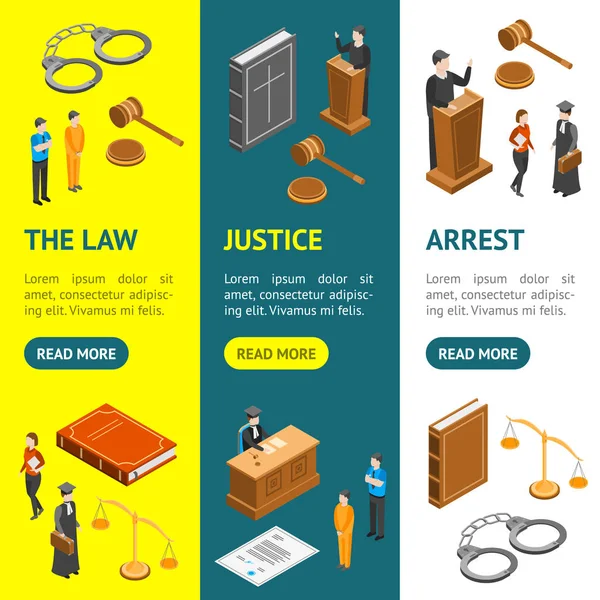 Law justice composition concept banner vecrtical set 3d isometric view. Vektor — Stockvektor