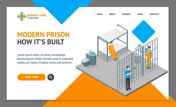 Interior Prisão Moderna com Mobiliário e Pessoas Landing Web Page Template Isometric View. Vetor —  Vetores de Stock