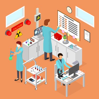 Laboratuar odası iç mobilya izometrik manzaralı. Vektör