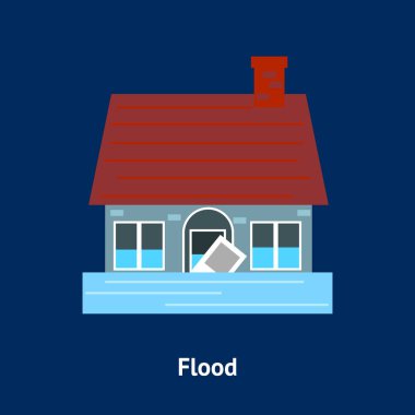 Çizgi film bina afetler imha sel mavi üzerinde. Vektör