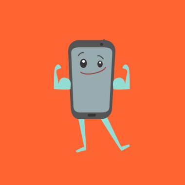 Çizgi film karakteri güçlü Smartphone cep telefonu. Vektör