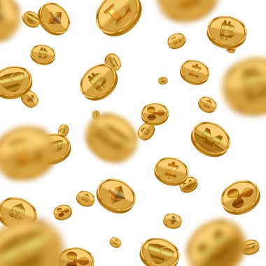 Gerçekçi detaylı 3d altın Cryptocurrency düşen para. Vektör