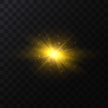 Gerçekçi detaylı 3d altın yıldız ışık ışıltı. Vektör