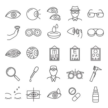 Optometri işaretleri siyah ince çizgi Icon Set. Vektör