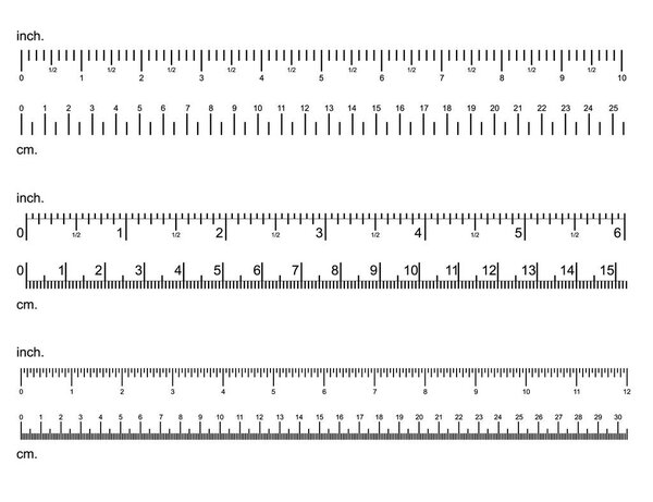 Inch and Centimeter Ruler Black Thin Line Set. Вектор
