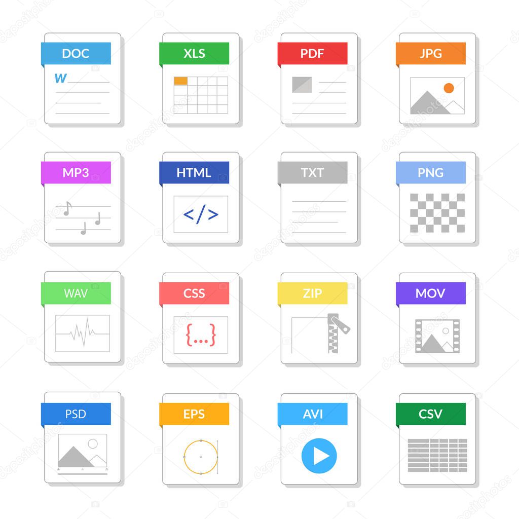 File Type Signs Color Icons Set. Vector