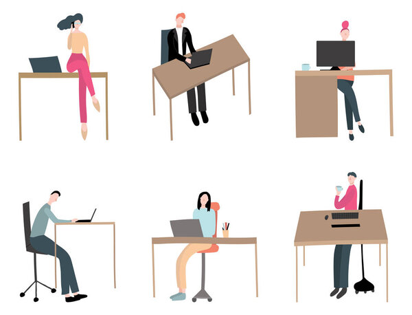 Cartoon Characters Working People Different Types Scene Set. Vector