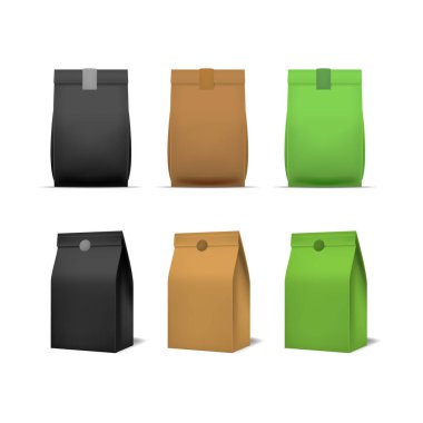 Gerçekçi 3d renk boş kağıt torba gıda şablon Mockup kümesi ayrıntılı. Vektör