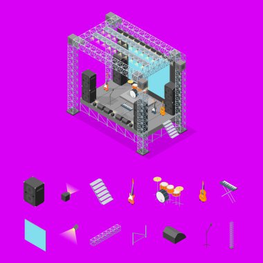 Sahne sokak performansı ve öğeleri kavramı 3d izometrik görünüm için. Vektör