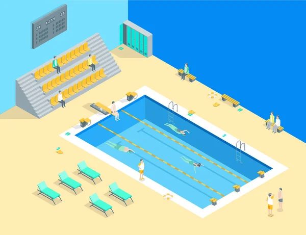 Piscina Interior con Personas Vista Isométrica. Vector — Archivo Imágenes Vectoriales