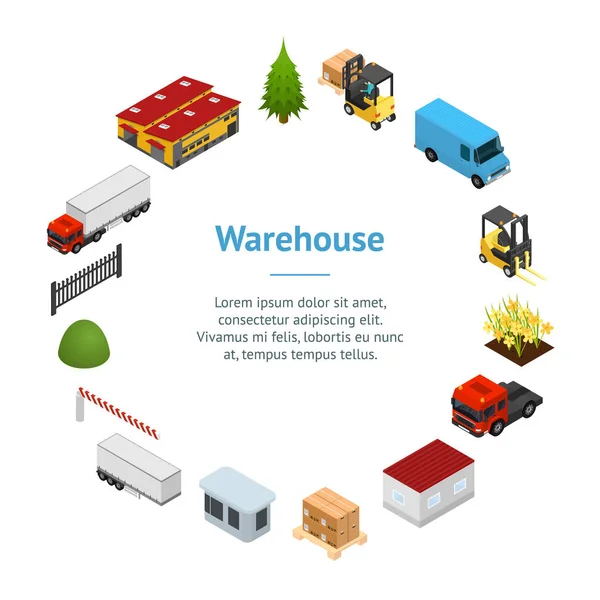 Warehouse Concept Banner Card Circle 3d Isometric View. Vector