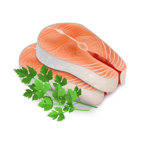 Refleic Detailed 3d Steak of Red Fish and Raw Parsley. Вектор — стоковый вектор