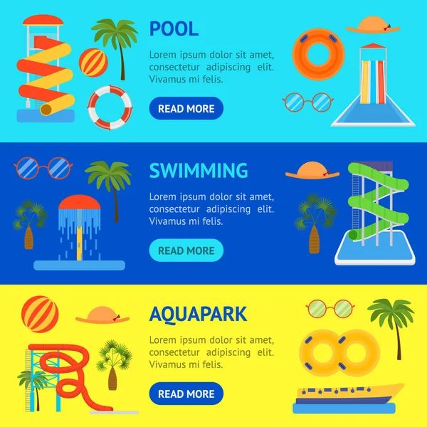 Desenhos animados Aquapark Playground Banner Horizontal Set. Vetor — Vetor de Stock