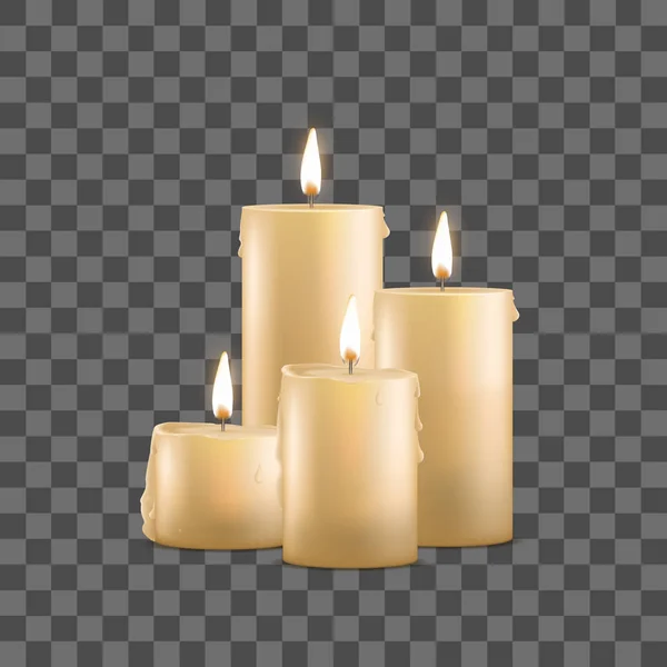 Трехмерный набор горящих восковых свечей. Вектор — стоковый вектор
