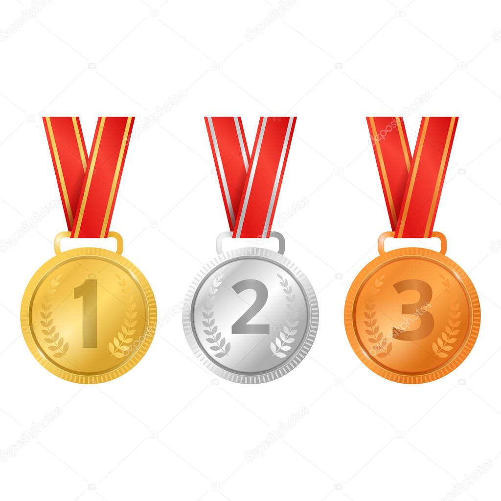 Realistic Detailed 3d Champion Different Medals Set. Vector