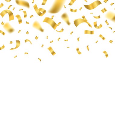 Beyaz bir arka plan üzerine düşen parlak altın konfeti düşüyor. Vektör