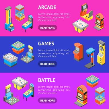 Oyun makine 3d afiş yatay izometrik görünümü ayarla. Vektör